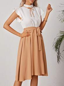 Two Tone Frill Neck Belted Dress - Multicolor - View 6