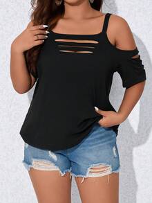 SHEIN LUNE Plus Cold Shoulder Cut Out Tee - Black - View 3