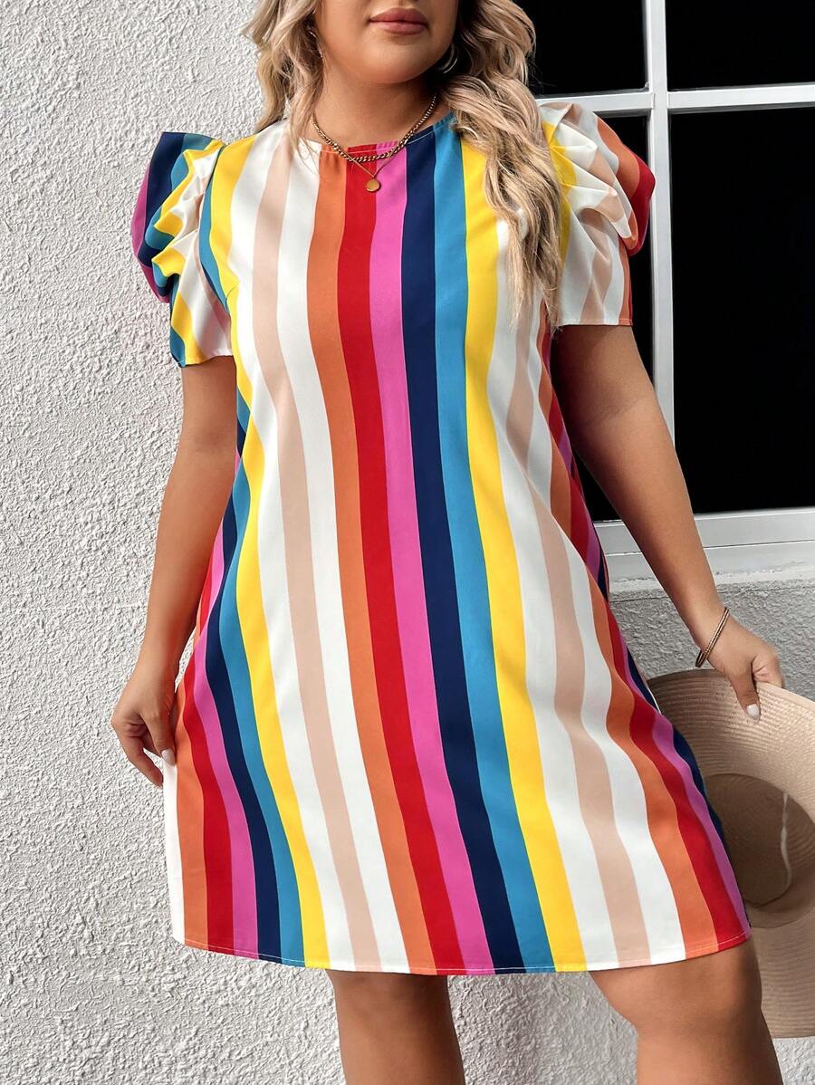 SHEIN VCAY Plus Striped Print Puff Sleeve Dress - Multicolor - View 1