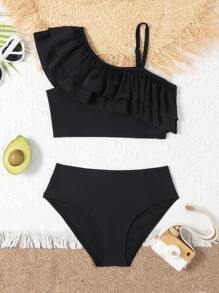 Conjunto de bikini con cuello asimétrico y ribete de volantes para niña preadolescente, para playa de verano - Negro - Ver 1