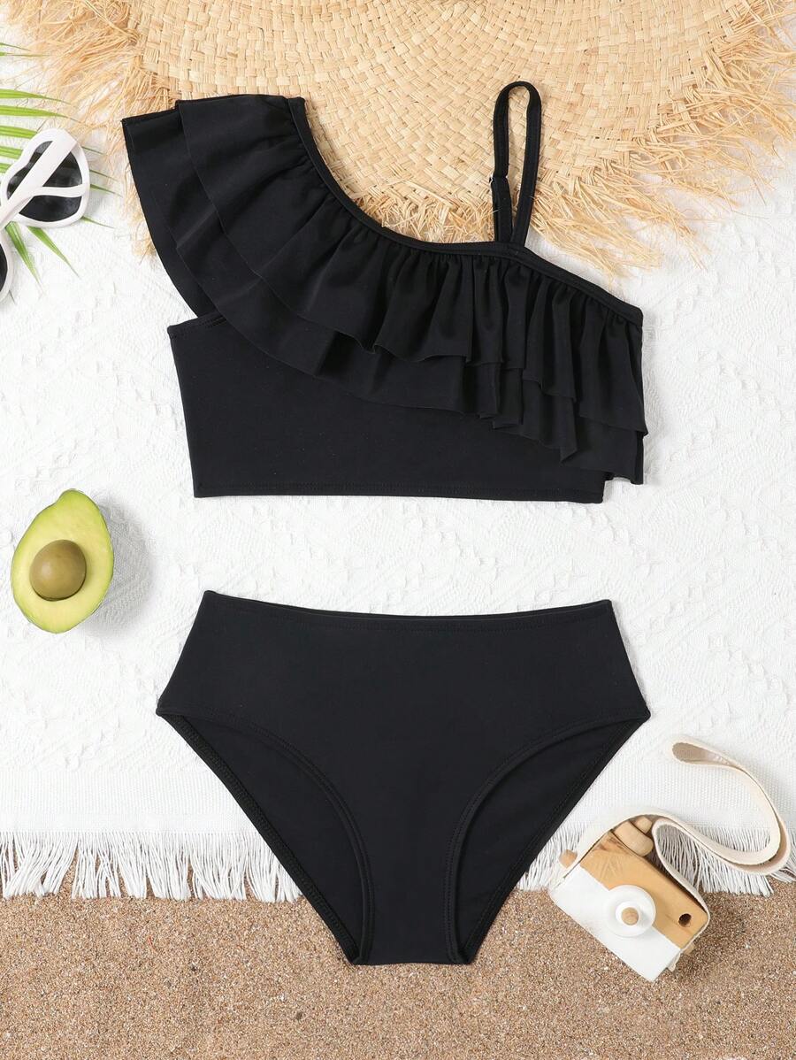 Conjunto de bikini con cuello asimétrico y ribete de volantes para niña preadolescente, para playa de verano - Negro - Ver 1