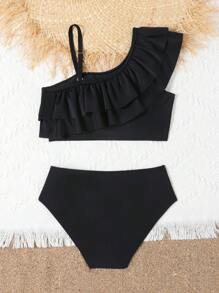 Conjunto de bikini con cuello asimétrico y ribete de volantes para niña preadolescente, para playa de verano - Negro - Ver 2