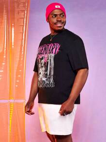 Manfinity LEGND 男士加大尺寸寬鬆t恤和短褲,具有字母和圖案印花 - 黑與白 - 查看 5