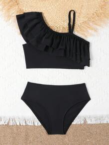 Conjunto de bikini con cuello asimétrico y ribete de volantes para niña preadolescente, para playa de verano - Negro - Ver 3
