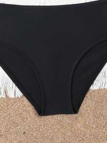 Conjunto de bikini con cuello asimétrico y ribete de volantes para niña preadolescente, para playa de verano - Negro - Ver 4