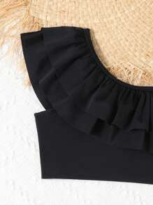 Conjunto de bikini con cuello asimétrico y ribete de volantes para niña preadolescente, para playa de verano - Negro - Ver 5