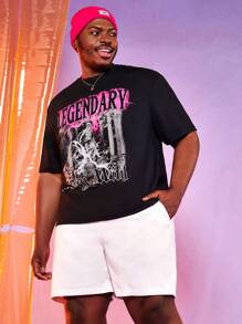 Manfinity LEGND 男士加大尺寸寬鬆t恤和短褲,具有字母和圖案印花 - 黑與白 - 查看 7