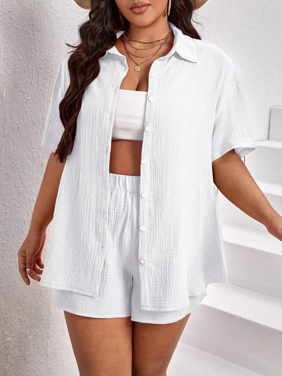 SHEIN VCAY Plus Solid Button Front Shirt & Shorts - White - View 1