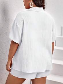 SHEIN VCAY Plus Solid Button Front Shirt & Shorts - White - View 2