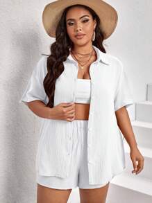SHEIN VCAY Plus Solid Button Front Shirt & Shorts - White - View 3