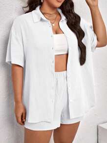 SHEIN VCAY Plus Solid Button Front Shirt & Shorts - White - View 5