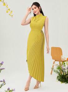 Modelyn 素色不對稱下擺洋裝不附腰帶 - 黃色 - 查看 4