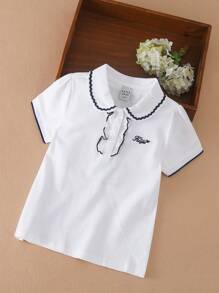 少女刺绣细节撞色镶边 Polo 衫 - 白色 - 查看 1