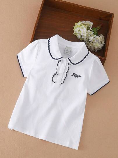 少女刺绣细节撞色镶边 Polo 衫