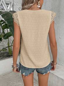 SHEIN LUNE Áo sơ mi nữ Tương phản ren màu trơn Giải trí - Màu Khaki - Xem 2