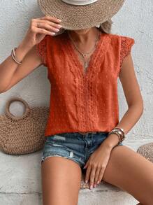 SHEIN LUNE 休閒蕾絲拼接純色女士襯衫 - 橘色 - 查看 3