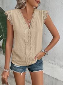 SHEIN LUNE Áo sơ mi nữ Tương phản ren màu trơn Giải trí - Màu Khaki - Xem 5