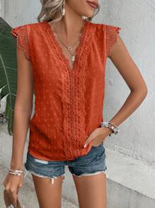 SHEIN LUNE 休閒蕾絲拼接純色女士襯衫 - 橘色 - 查看 5