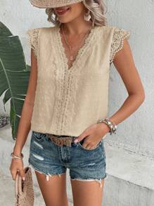 SHEIN LUNE Áo sơ mi nữ Tương phản ren màu trơn Giải trí - Màu Khaki - Xem 6