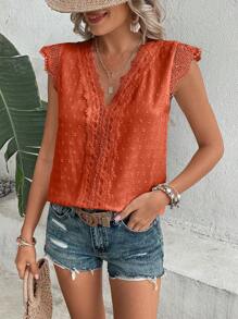 SHEIN LUNE 休閒蕾絲拼接純色女士襯衫 - 橘色 - 查看 6