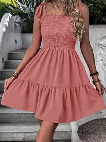 SHEIN VCAY Vestido de tirantes de hombros con cordón bajo con fruncido - Rosa - Ver 5