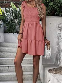 SHEIN VCAY Vestido de tirantes de hombros con cordón bajo con fruncido - Rosa - Ver 7