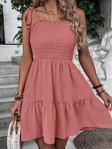 SHEIN VCAY Vestido de tirantes de hombros con cordón bajo con fruncido - Rosa - Ver 8