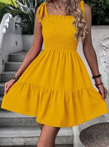 SHEIN VCAY Vestido de tirantes de hombros con cordón bajo con fruncido - Amarillo - Ver 6