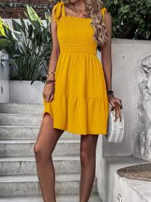 SHEIN VCAY Vestido de tirantes de hombros con cordón bajo con fruncido - Amarillo - Ver 7