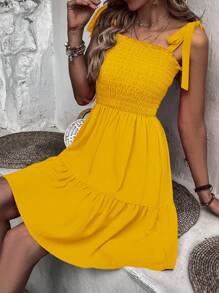 SHEIN VCAY Vestido de tirantes de hombros con cordón bajo con fruncido - Amarillo - Ver 8