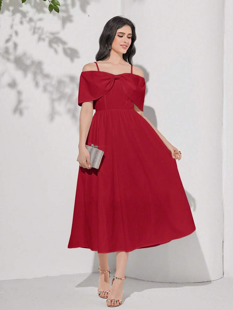Modelyn Váy chữ A hở vai màu đỏ tía - Màu Đỏ Sâu - Xem 1