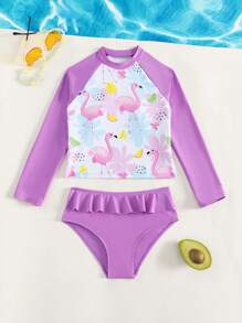 Camiseta rashguard de verano con volantes y estampado de flamencos para niña preadolescente - Multicolor - Ver 1