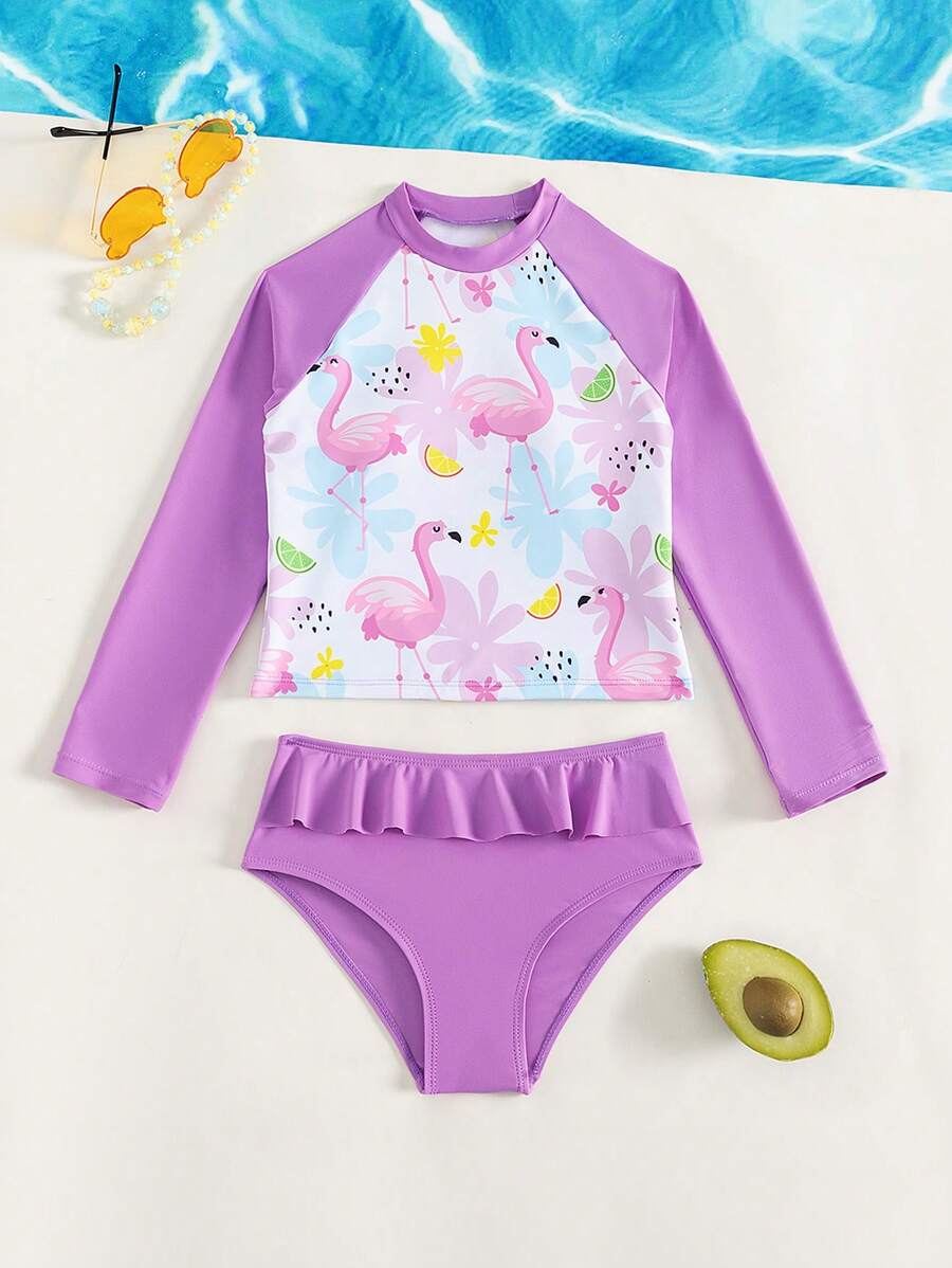 Camiseta rashguard de verano con volantes y estampado de flamencos para niña preadolescente - Multicolor - Ver 1