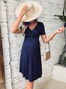 SHEIN Maternity Twist Front Solid Dress - Navy Blue - View 1