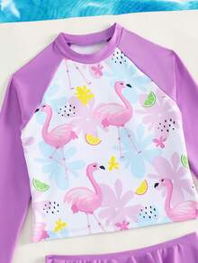 Camiseta rashguard de verano con volantes y estampado de flamencos para niña preadolescente - Multicolor - Ver 3