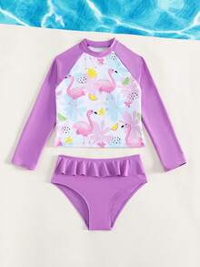 Camiseta rashguard de verano con volantes y estampado de flamencos para niña preadolescente - Multicolor - Ver 5
