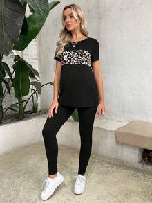 SHEIN Maternity Leopard Print Tee & Adjustable Waist Leggings - Black - View 3