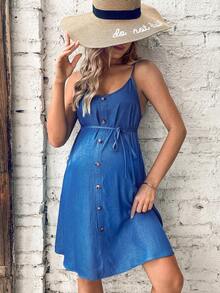 SHEIN Maternity Button Front Belted Cami Dress - Blue - View 4