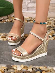 女性踝帶度假金色坡跟涼鞋 - 金色 - 查看 5