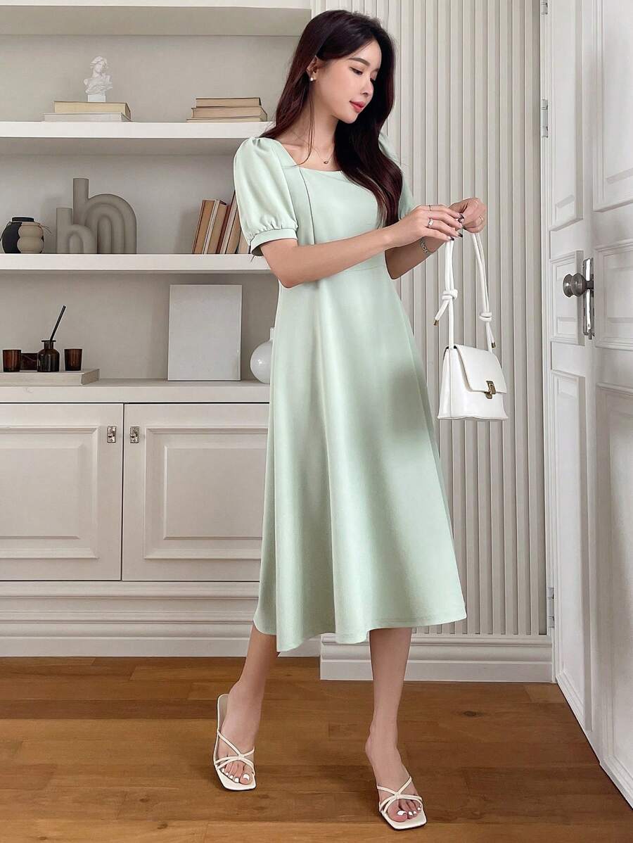 DAZY Square Neck Puff Sleeve A-line Dress - Green - View 1