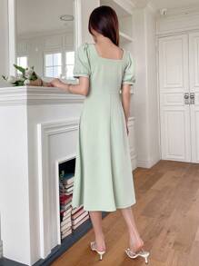 DAZY Square Neck Puff Sleeve A-line Dress - Green - View 2
