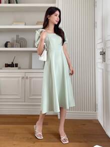 DAZY Square Neck Puff Sleeve A-line Dress - Green - View 4