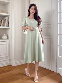 DAZY Square Neck Puff Sleeve A-line Dress - Green - View 5