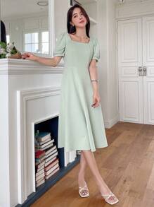 DAZY Square Neck Puff Sleeve A-line Dress - Green - View 7