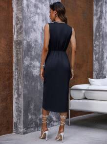SHEIN Clasi Đầm Bất đối xứng Xù Trọn gói màu trơn Thanh lịch - Màu xanh hải quân - Xem 2