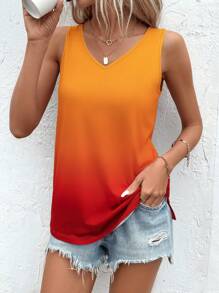 SHEIN LUNE 渐变色 V 领背心 图案 T 恤 女式上衣