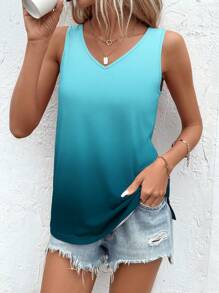 SHEIN LUNE Ombre V Neck Tank Top Graphic Tees Women Tops - Blue - View 3