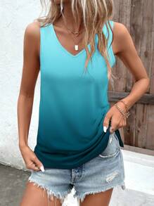 SHEIN LUNE Ombre V Neck Tank Top Graphic Tees Women Tops - Blue - View 4