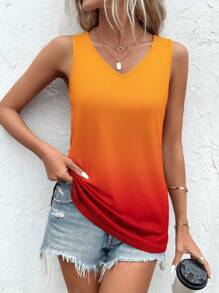 SHEIN LUNE 渐变色 V 领背心 图案 T 恤 女式上衣