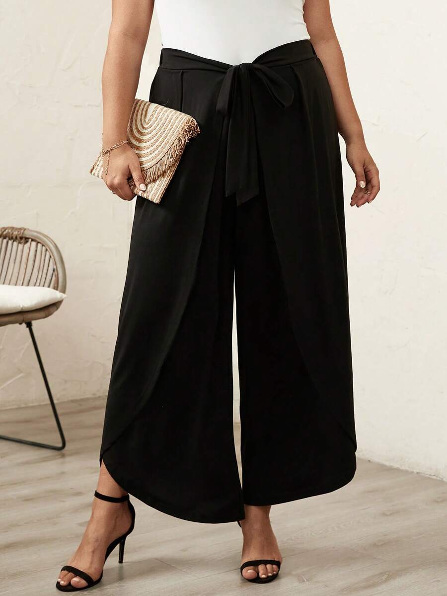 SHEIN LUNE 加大码前系带阔腿裤舒适 - 黑色 - 查看 1